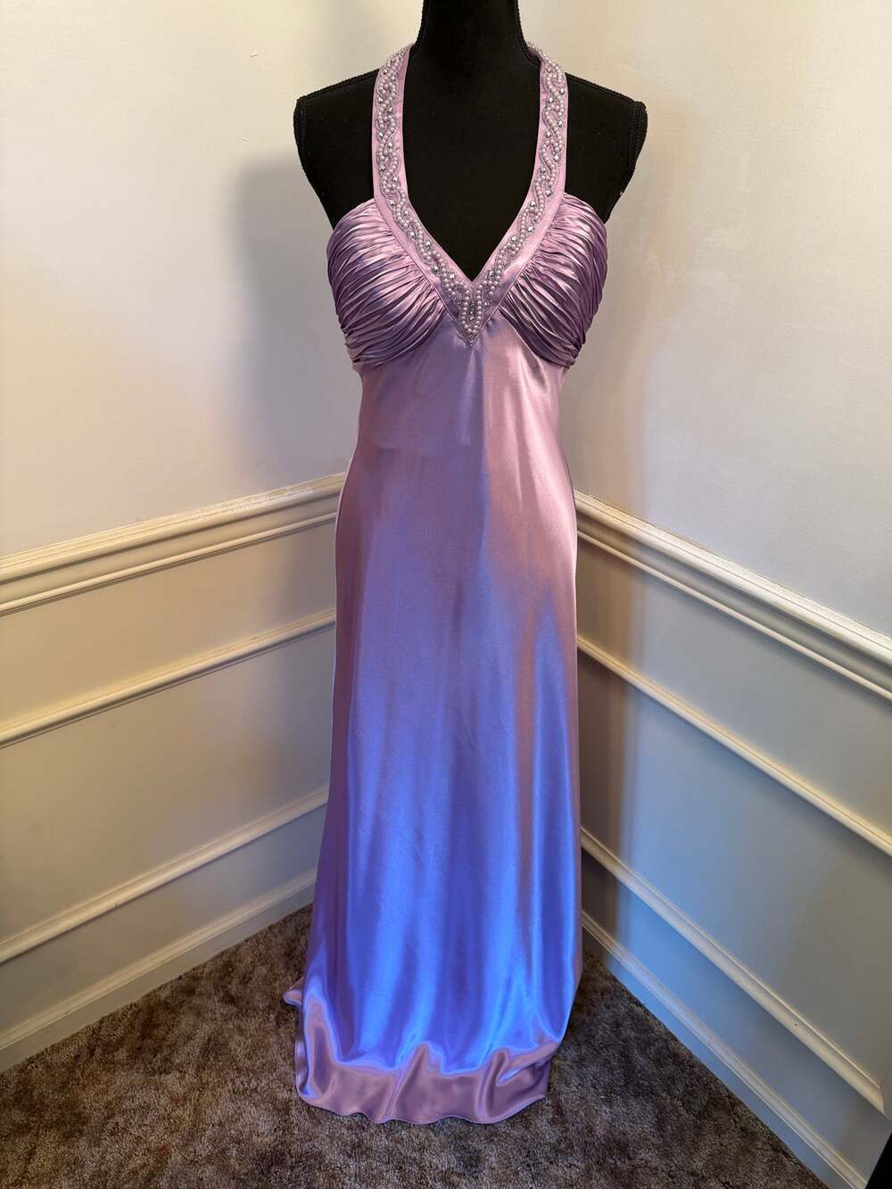 VTG Y2K Morgan & Co Lavender Liquid Satin Beaded Halter Prom Dress Formal Gown